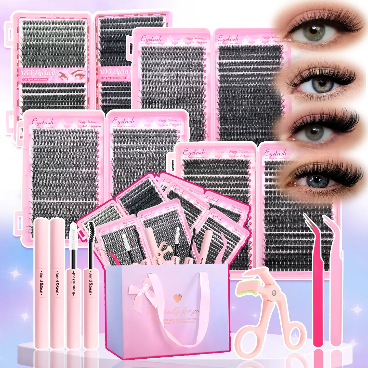 DIY Lash Clusters Kit, Mixed-Length Cluster Lashes with Lash Bond & Seal Adhesives, Tweezers & Lash Curler, Natural-Looking Self-Application Fluffy Volume Lash Extensions, Perfect Gift for Her, High Quality Eyelashes