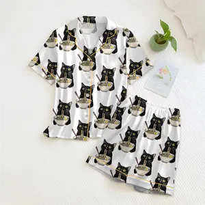 Women's Noodle Cat Short Sleeve Satin Pajama Set, Sleepwear, Cute Funny Noodle Cat Print PJs, Kawaii Summer Lounge Set for Her