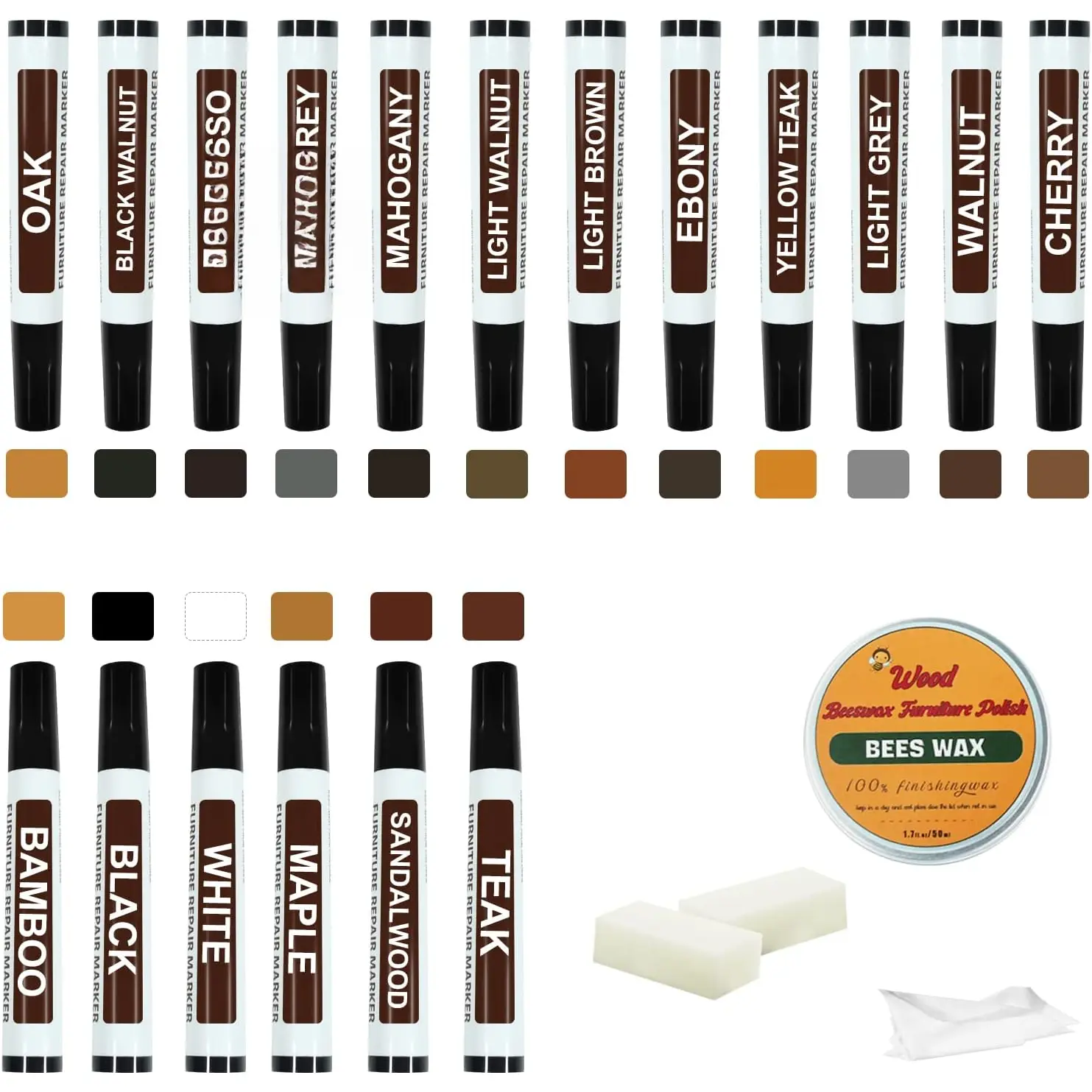 Furniture Markers Touch Up Kit -  Upgrade 18 Colors  Scratch Repair Kit with Beeswax Furniture Polish,  Markers Pens for , Stains - Restore Wooden Floor, Table, Cabinet, Bedpost