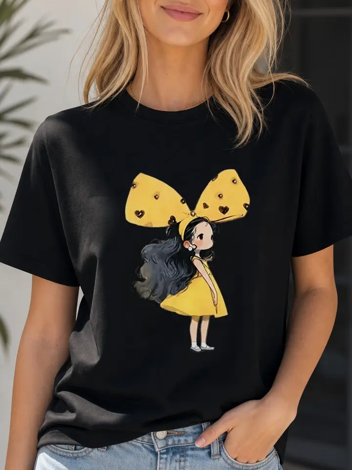 Women's Organic Cotton Fitted Shortleeve T-Shirt - Round Neck Casual Top with Cartoon Art Print, Girl & Heart Motif for Everyday Wear