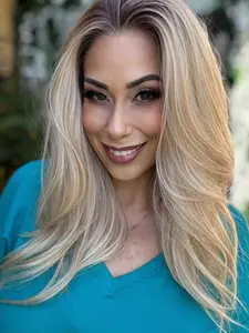 MACA BAKA Ivy Layered Buttery Loose Waves Light Champagne Blonde Lace Front Wig with Scandinavian Hairline Pre Plucked Glueless Low Density 16 Inches Medium Length Ombre Highlight Blonde Natural Wavy HD Synthetic Lace Front Wigs for Women