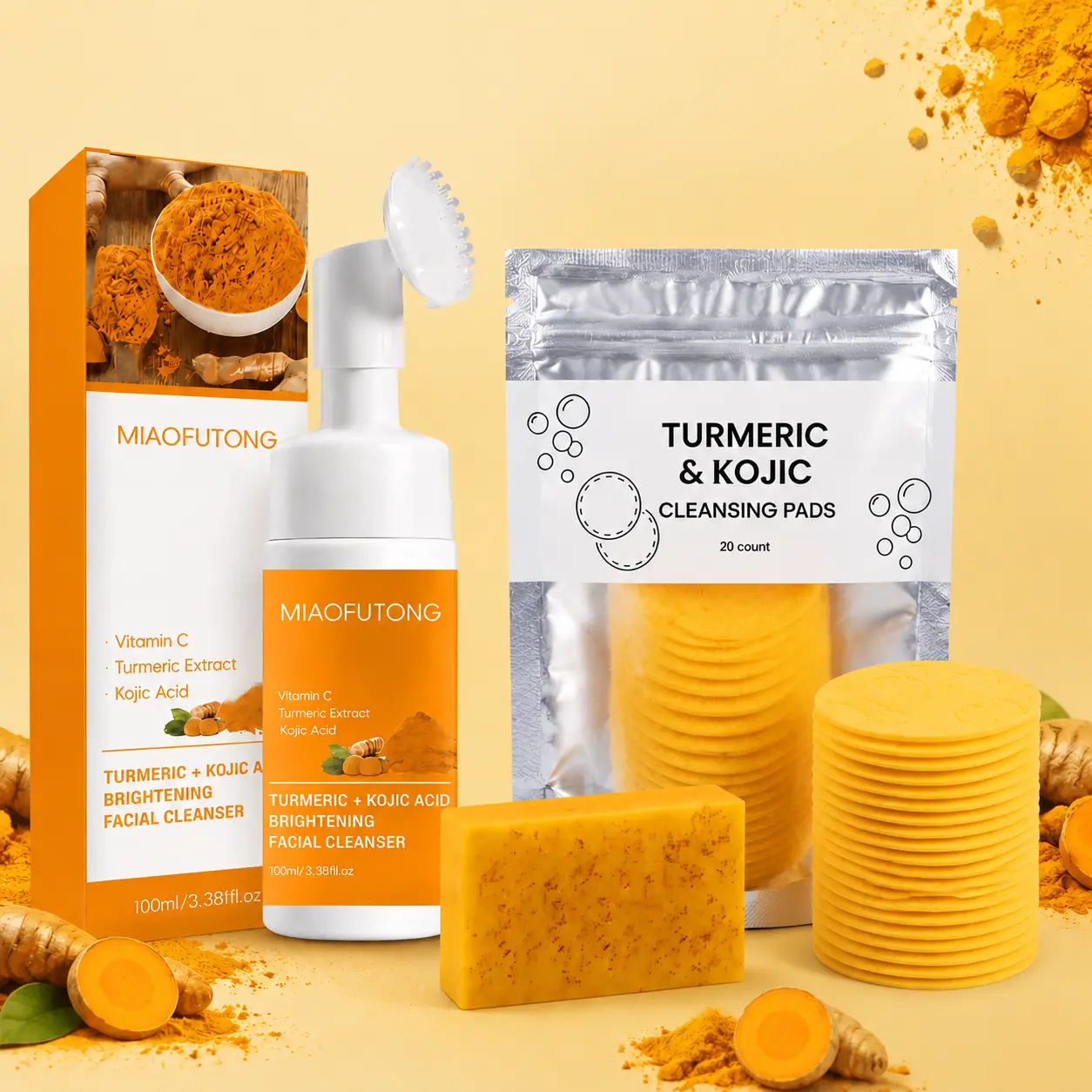 Turmeric Cleansing Mousse & Soap Set, 3 Piece Facial Care Kit with Turmeric Extract, Gentle Cleanser for Everyday Skincare