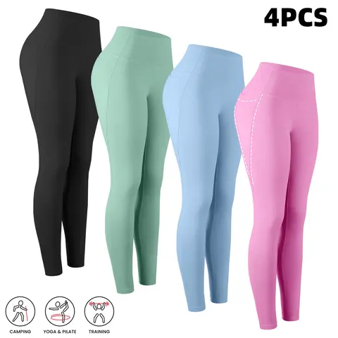 Women's 4/6-Pack Knitting High-Waisted Pocketed Yoga Leggings - Tight-Fit Breathable Soft Workout Pants, All-Season Sports Bottoms for Travel, Camping