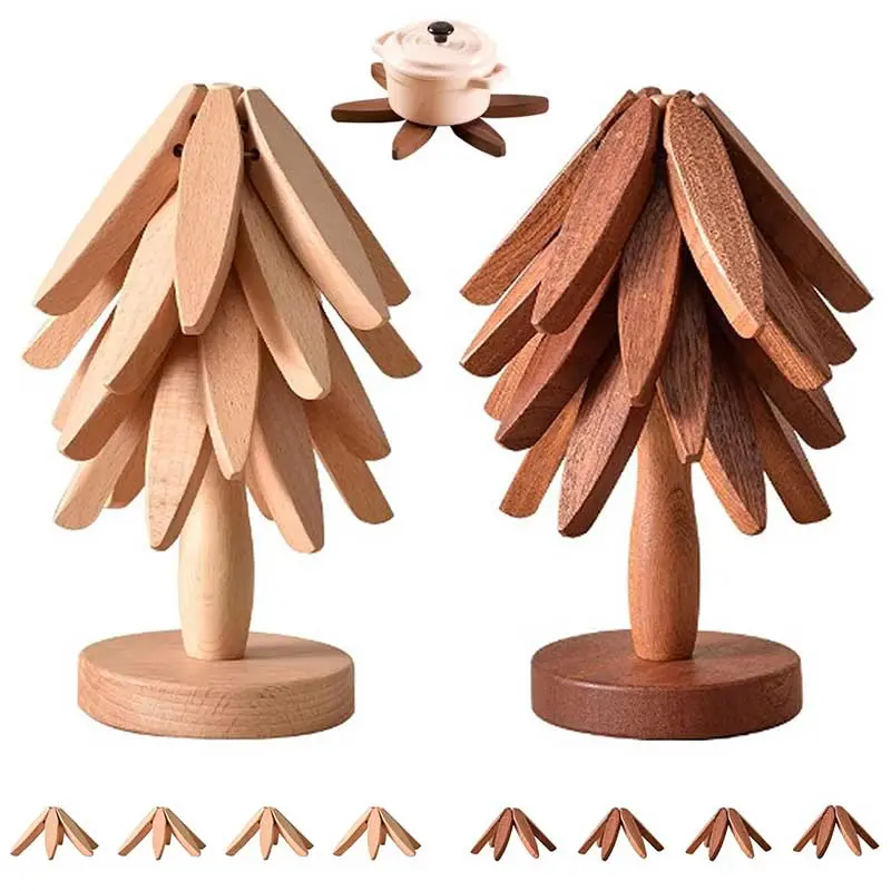 Wooden Tree Shaped Coaster Set, Decorative Coaster, Including 3/4 Heat Resistant Coaster & 1 Holder, Coaster for Teapot Hot Pots, Wooden Coasters, Kitchen Accessories