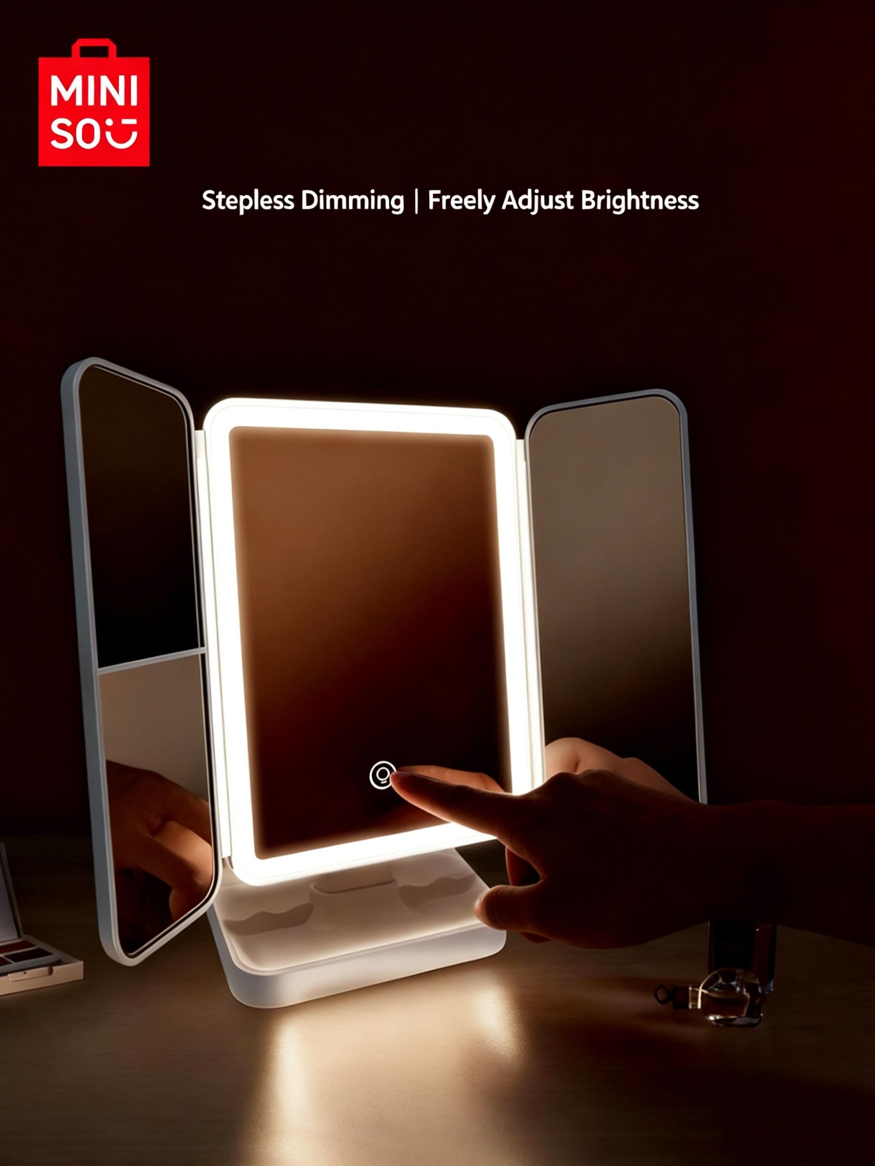 MINISO Tri-Fold LED Lighted Makeup Mirror, Foldable Desktop Vanity Mirror for Dorm Use, Daily Make-up ,For Students & Girls