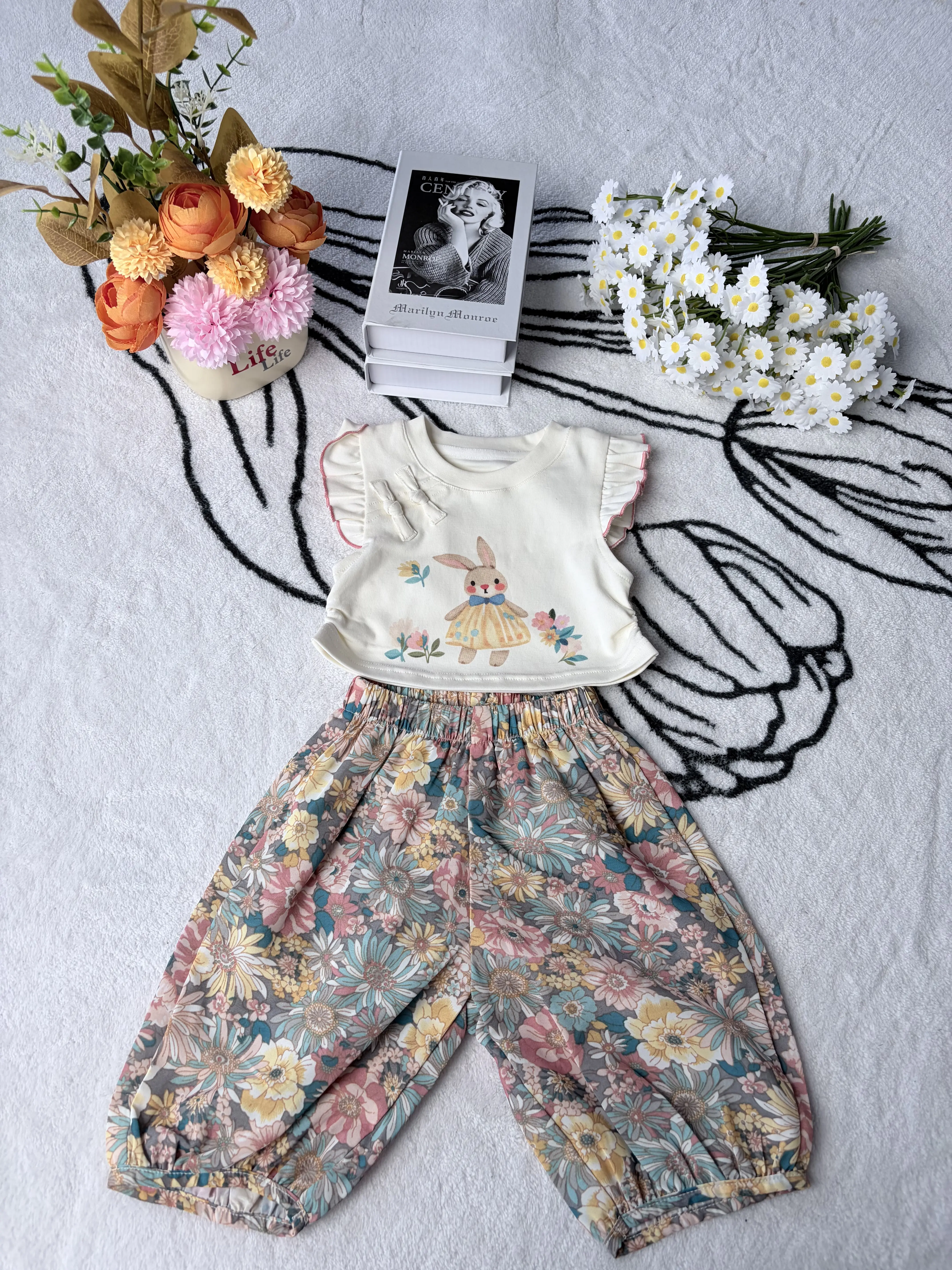 Little Girls Ruffle Sleeveless Bunny Top Vintage Floral Harem Pants Set Kids Casual Summer Clothes