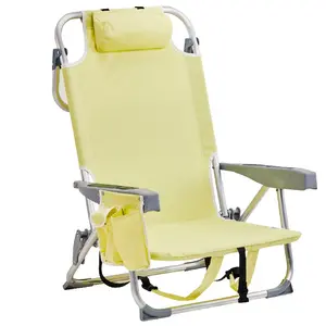 Foldable Beach Chair with 5 Position Adjustable Backrest, Lightweight Portable Outdoor Reclining Chair with Cup Holder and Storage Pouch for Camping Beach Picnic Backyard