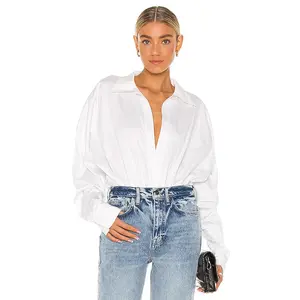 Norma Kamali Oversized Boyfriend Shirt Bodysuit in White