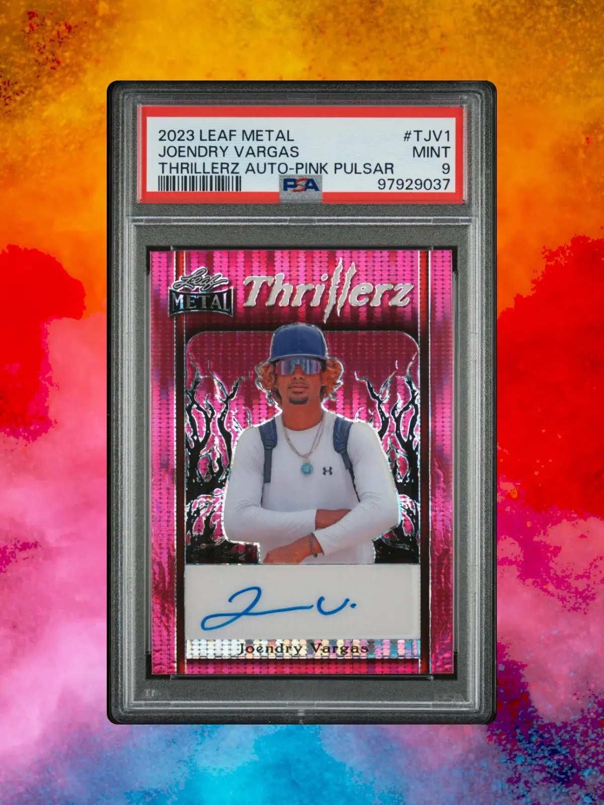 2023 Leaf Metal Thrillerz Joendry Vargas #T-JV1 - Pink Pulsar Auto /3 - PSA 9