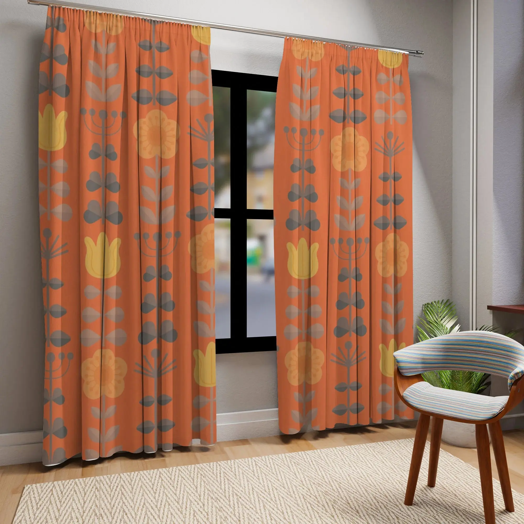 Scandinavian Curtains, Modern Danish, Nordic, Hygge, Orange, Yellow, Retro Folk Art Flowers, Floral Blackout Window Curtains