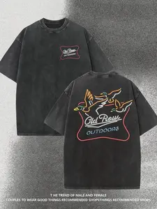 1 PC Men's Old Row Outdoors Graphic T-Shirt Streetwear Vintage Acid Wash Neon Duck Print Short Sleeve Long Oversized Cotton Tee for Urban Street Outfits