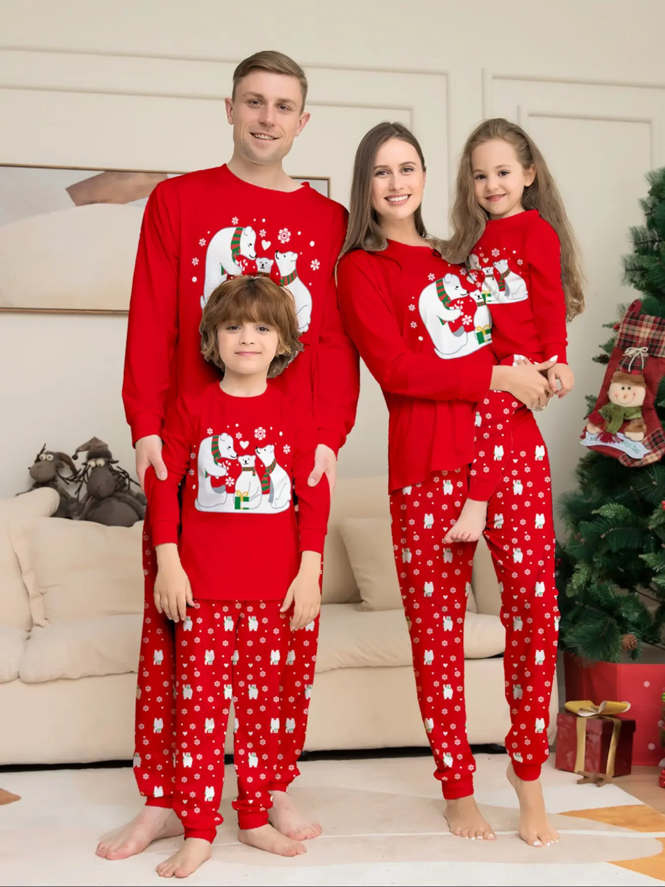2-Piece Christmas Family Pajama Set, Bear Print Long Sleeve Top & Snowflake Pants, Casual Fitted Sleepwear for All Seasons