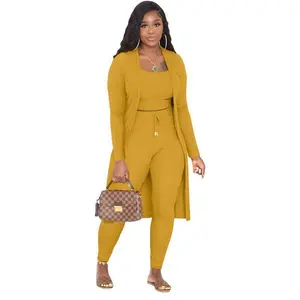 Women's Casual Ribbed 3-Piece Set �C Crop Tank Top + High-Waist Drawstring Pants + Longline Cardigan Outfits