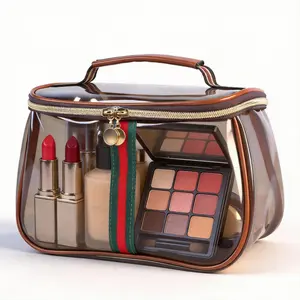 New Retro & Vintage Vanity Makeup Organizer Bag, Large Transparent Waterproof Toiletry Storage Pouch for Women, Portable Travel Cosmetic & Skincare Container, Multi-Functional Daily Handbag for Home, Vacation, Outdoor & Business Trip in Elegant Brown