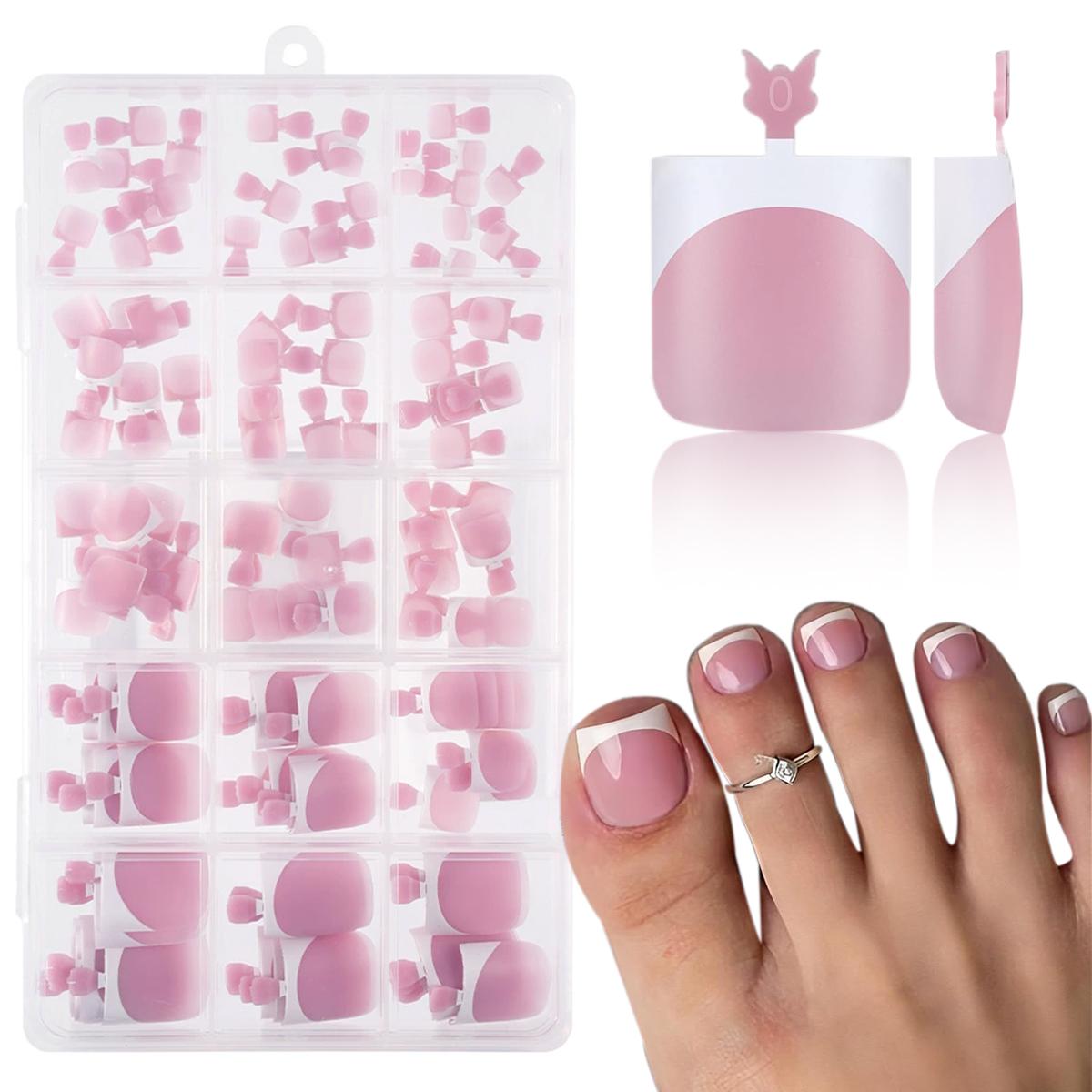 French Toe Nail Press Ons, Pre-Etched 15 Sizes 150Pcs, Sharp Square X-Soft Pink False Toenails, Soft Gel Full Cover Fake Toes for DIY Salon Pedicure & Nail Extensions