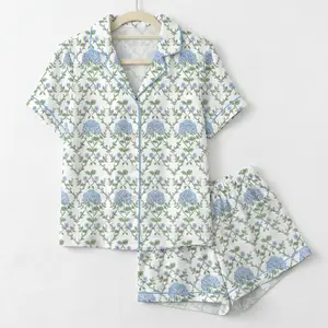 Women’s Blue Green Hydrangea Satin Pajama Set Short Sleeve Button Up Floral Sleepwear Soft Breathable Loungewear Gift for HerWomen’s Blue Green Hydrangea Satin Pajama Set Short Sleeve Button Up Floral Sleepwear Soft Breathable Loungewear Gift for Her