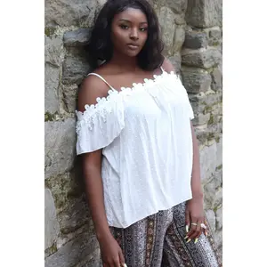 White Off The Shoulder Spaghetti Strap Top Fabric Lace Blouse Shirts Viscose Womenswear Gorgeous Woven