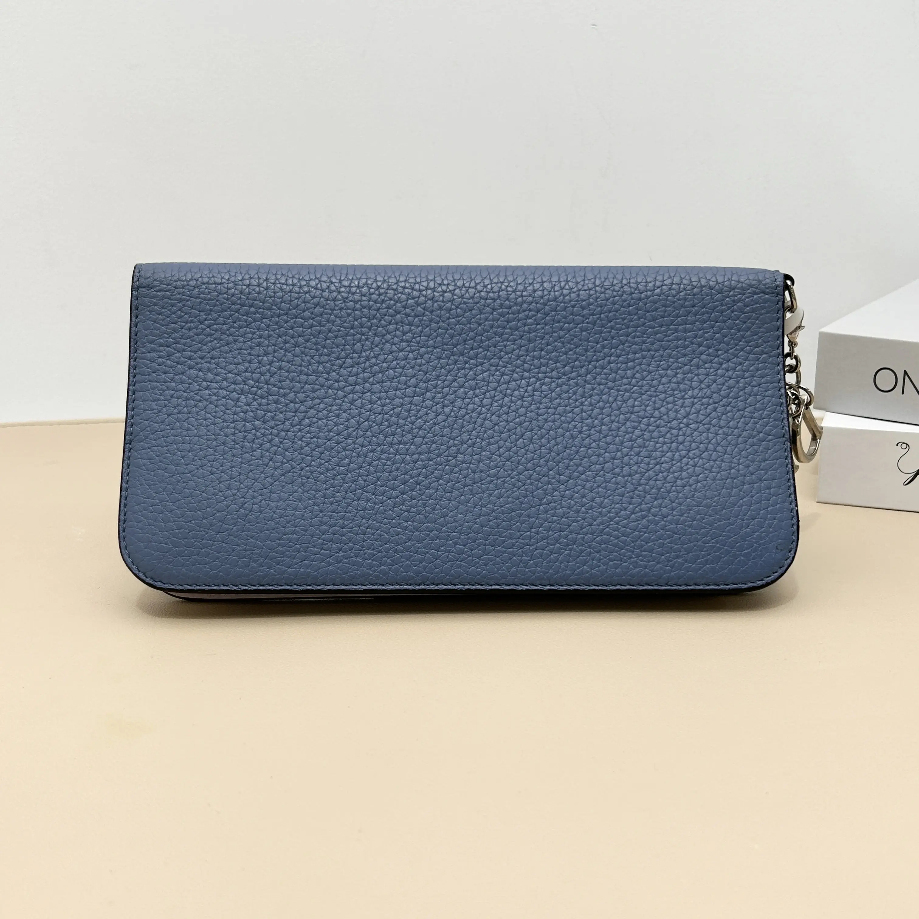 Pre-owned Dior Calfskin Small Leather Goods Blue Pebbled Zip Long Wallet with Key Ring B8063002