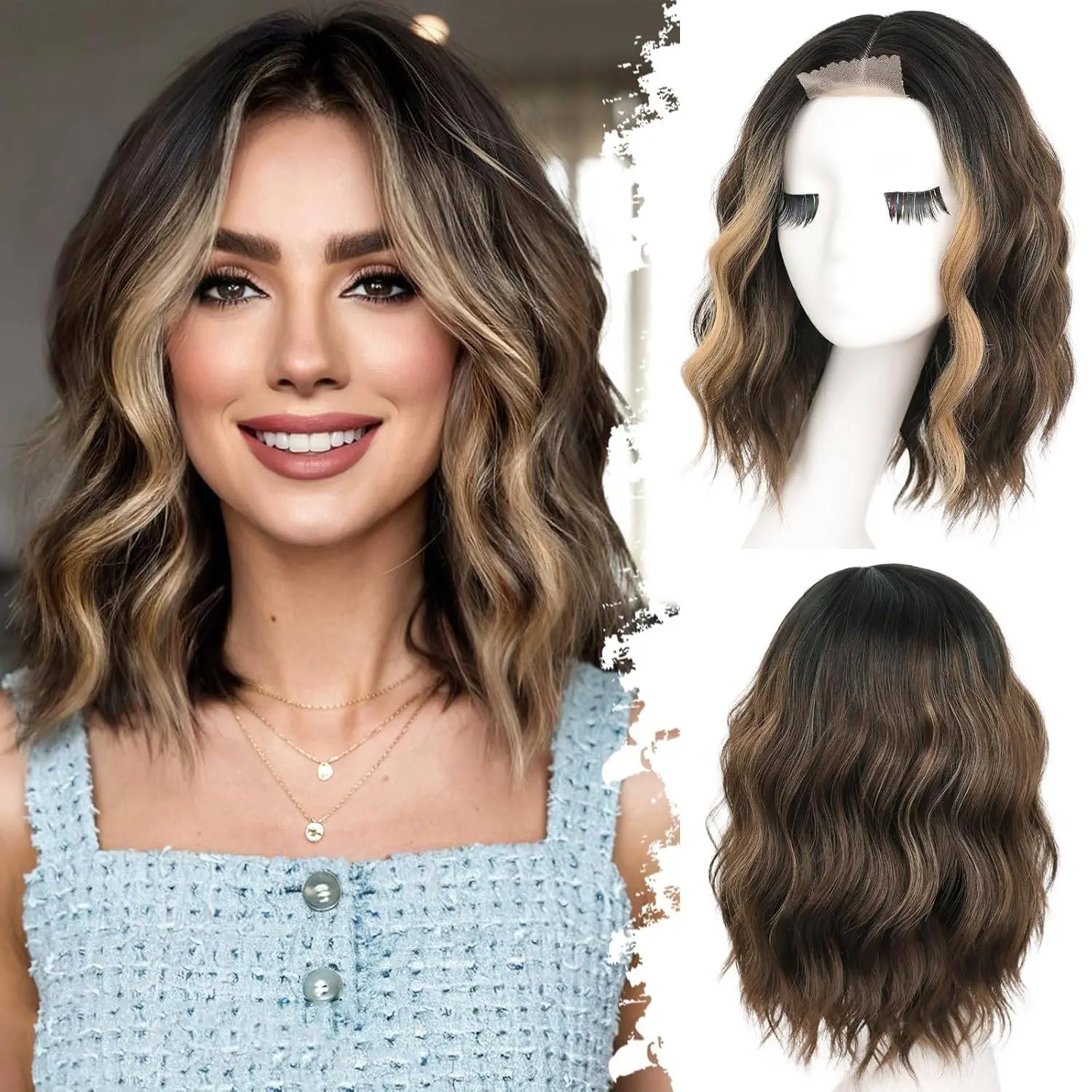 AISI HAIR Shoulder Length Wave Wigs for Women Pre-Cut Lace Hairline 14 Inch Middle Part Wavy Bob Synthetic Heat Resistant Fiber for Daily Curly Blonde Wig Highlight Wig