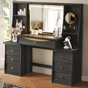 STO'SENSE Makeup Vanity Desk w/Mirror & Lights, 54" Large Vanity Table w/Glass Top, RGB Drawer, Magnifying Mirror &Power Outlet,Make up Desk w/3 Shelves&7 Drawers,Dressing Table,Black