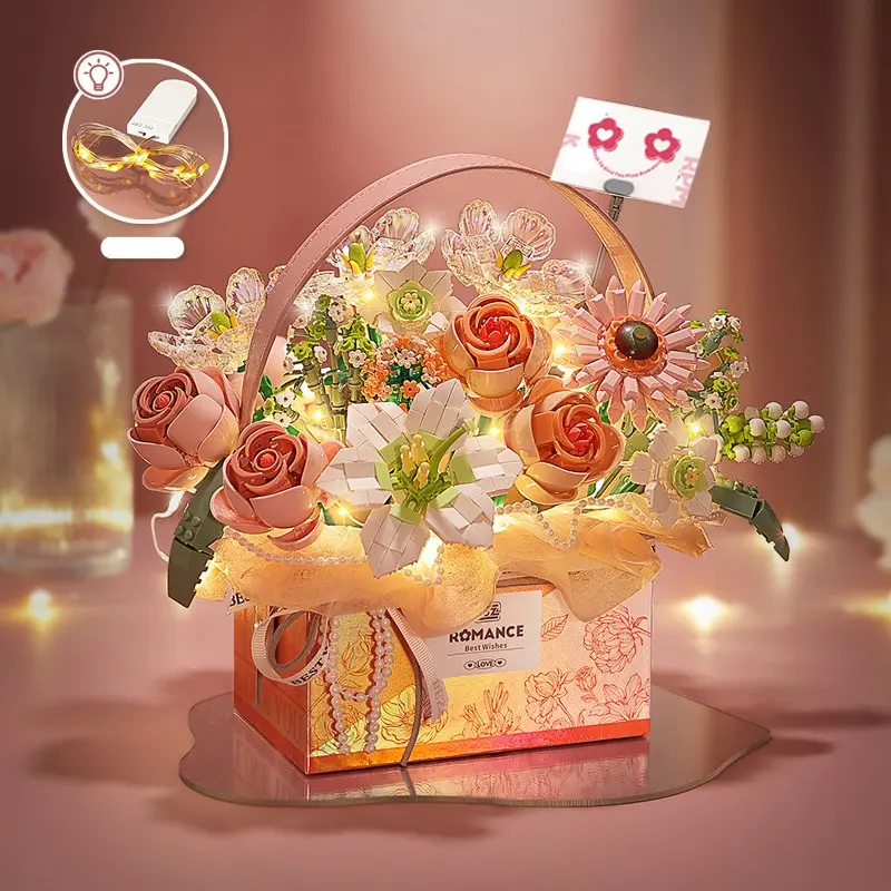 Loz Rose Flower Building Block Toy, Colorful Handheld Bouquet Light Up Rose Gift Box Series, Perfect for Birthday & Anniversary, Includes Vase, Artificial Roses