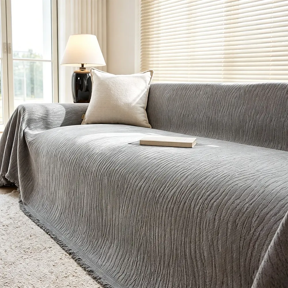 Fashionable Luxury Solid Stripe Fringe Sofa Cover, Non-Slip Durable, Dust-Resistant Pet-Friendly, Universal Fit, Breathable Lounge Protector, Sofa Slipcover