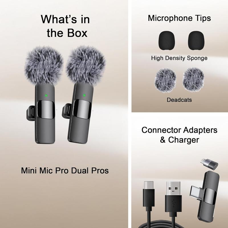 2.4G Wireless Clip On Mic with Lightning & USB-C Adapter, Professional Audio for Video Recording, YouTube, Interview