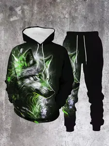 Men's Wolf Print Hoodie Set with Sports Pants, Casual Streetwear, Polyester Blend, Perfect for Spring & Fall Seasons, Streetwear Tracksuit Set, Sweatsuit Outfits
