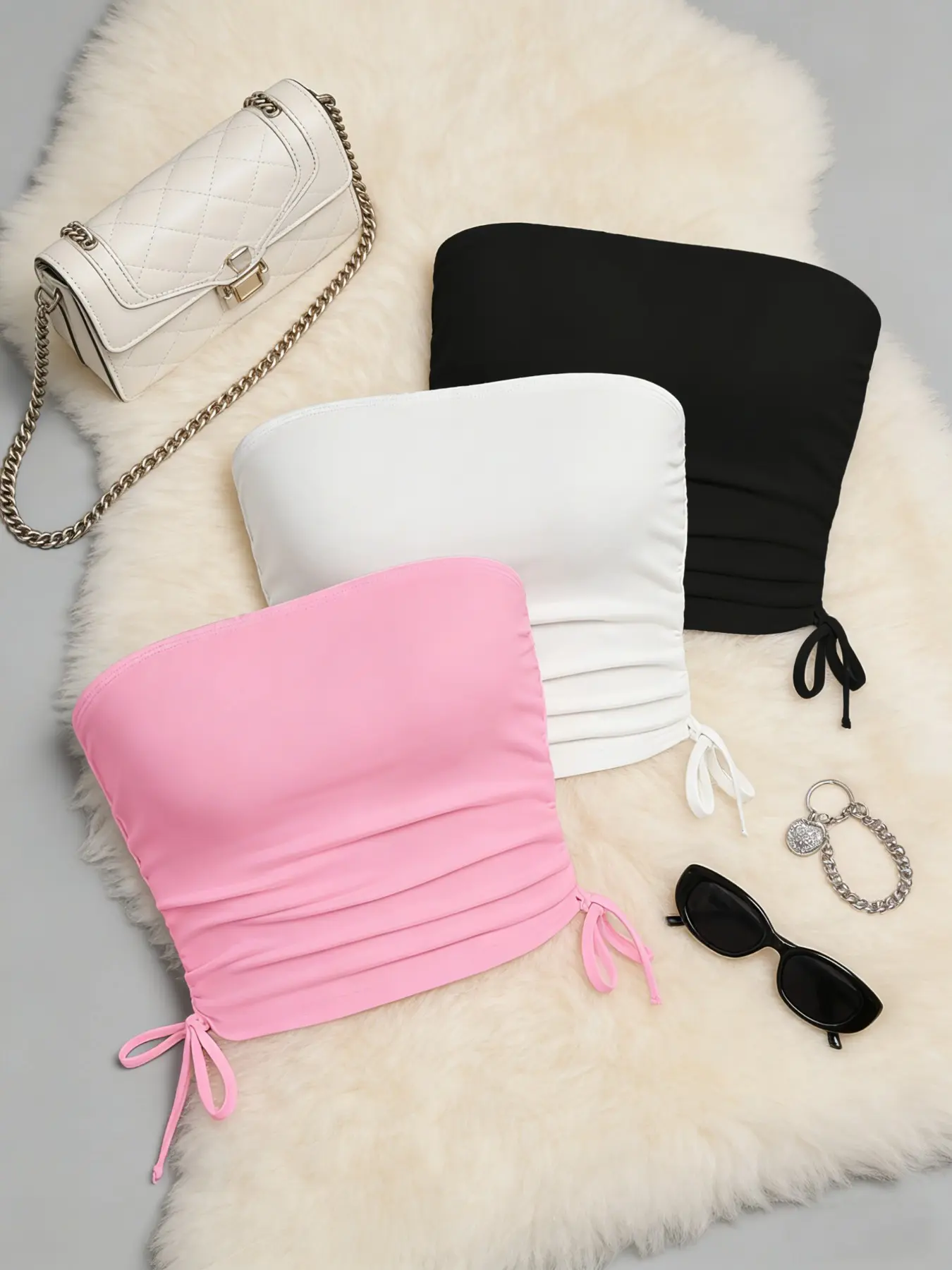 Pure Color Faux Drawstring Halter Top Set, Strapless Ruched Casual Fitted Sleeveless Blouse, Essential for Lolita Wardrobe, Three-Piece, Summer Casual Sleeveless Tops, Womenswear