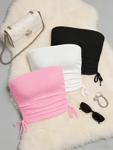 Pure Color Faux Drawstring Halter Top Set, Strapless Ruched Casual Blouse, Essential for Lolita Wardrobe, Three-Piece, Womenswear