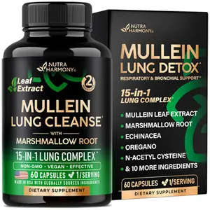 Nutra Harmony Mullein Lung Detox 15-in-1 Lung Support & Cleanse for Smokers - Mullein Leaf Extract, Marshmallow Root, Echinacea, Oregano, Quercetin, NAC - 60 Capsules Made in USA