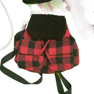 Red and Black Mini Backpack - Small Bag with Checkered Pattern and Adjustable Strap