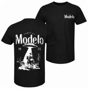 Men's Cowboy UFO Beer Printed Pure Cotton Short-Sleeve Shirt — Unisex Casual Wear, Ideal for Spring and Summer; Cool Graphic Tee featuring a Classic Crew Neck Design; Soft Cotton Fabric, Suitable for All Seasons