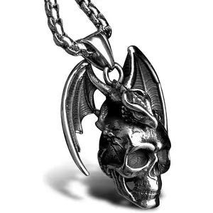 Mens Skull Dragon Pendant Necklace for Men  Cool Goth Accessory  with Stainless Steel Chain