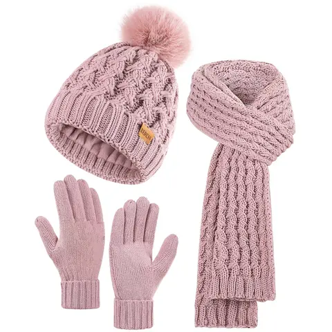 REDESS Women Winter Knit Beanie Scarf Gloves Set Fleece Lined Pom Pom Hat Touchscreen Gloves Fashion Warm