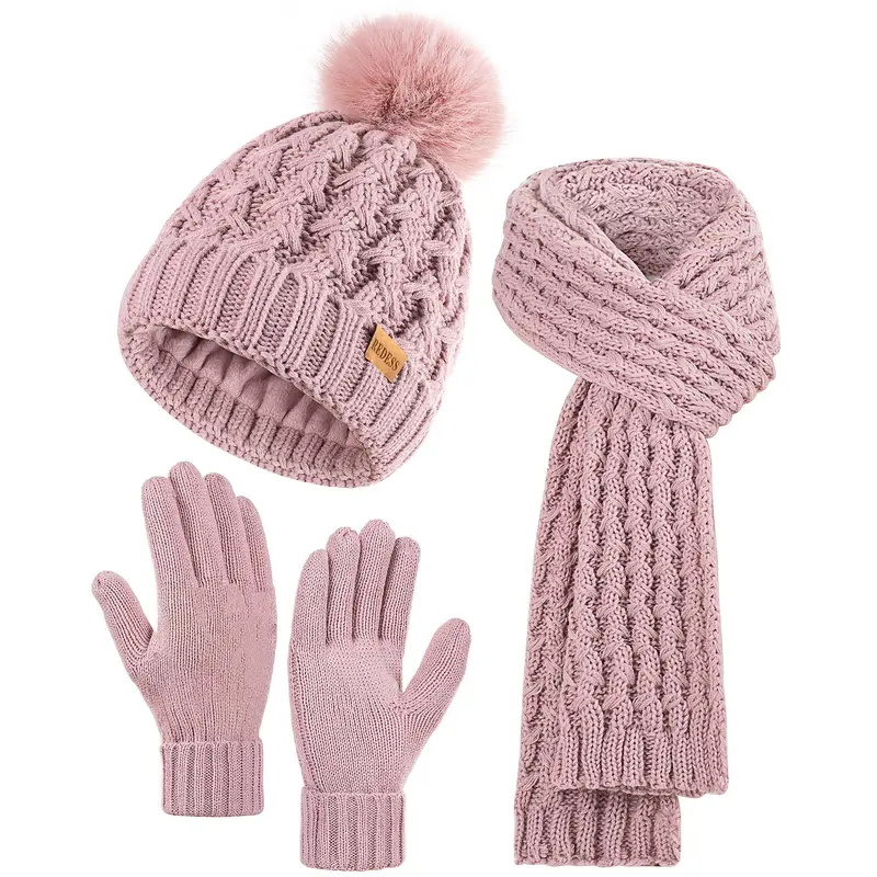 REDESS Women Winter Knit Beanie Scarf Gloves Set Fleece Lined Pom Pom Hat Touchscreen Gloves Fashion Warm