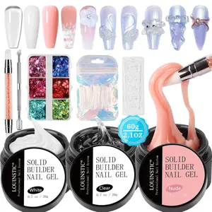 LOUINSTIC Solid Builder Gel Nail Kit - Acrylic Nail Kit Non Stick Builder Gel For Nails Nude White Clear Nail Extension Gel for Nail Carving Frech Nails 3D Modeling Nail Art (0.7oz, UV Lamp Required)