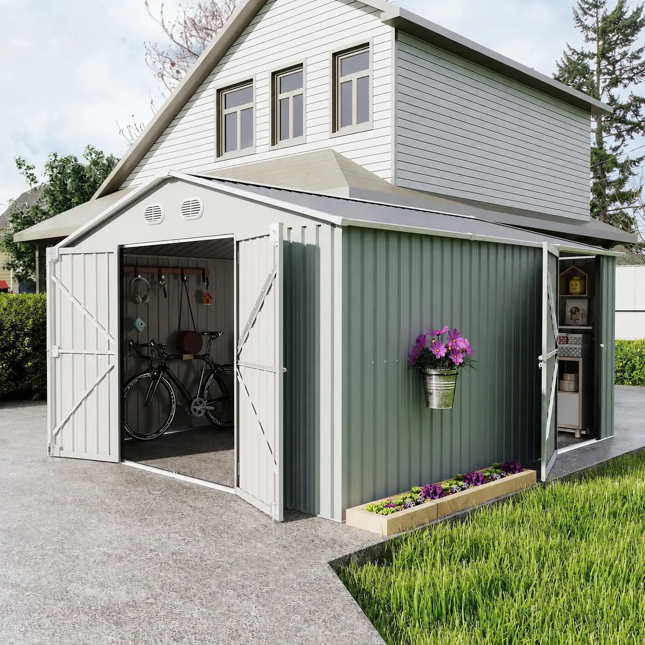 10x12 FT Metal Storage Shed, Large Sturdy Frame, Lockable Door – Outdoor Garden Tool Shed for Backyard, Lawn & Garden