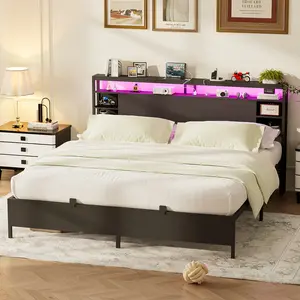 Homieasy King Size Bed Frame with Storage Headboard, Power Socket and Smart LED Lights, Sturdy and Stable Platform Bed, Heavy Duty Metal Slats, Noise Free, No Box Spring Needed, Easy to Assemble