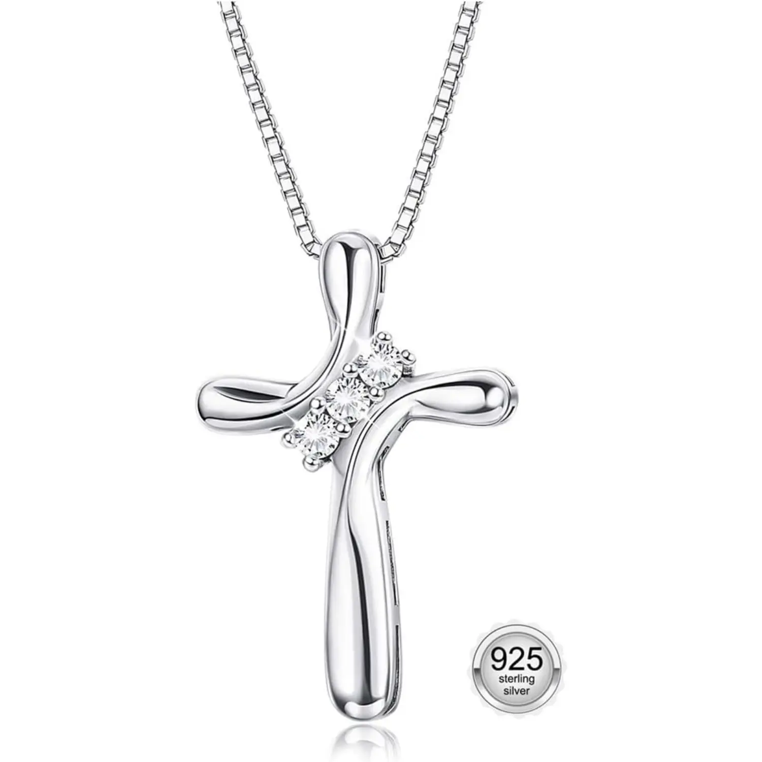 MILACOLATO 925 Sterling Silver Cross Necklace for Women 3 Stone Cubic Zirconia Silver Cross Pendant Necklaces with 1 MM Box Chain,18 Inches, Daily Wear Necklace, Necklace Gift summerwins
