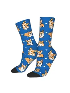 BIIHUDU Men'S Kawaii Corgi Socks - Cute Cartoon Dog Print Crew Socks, Polyester, Black & White Design with Playful Corgi Illu