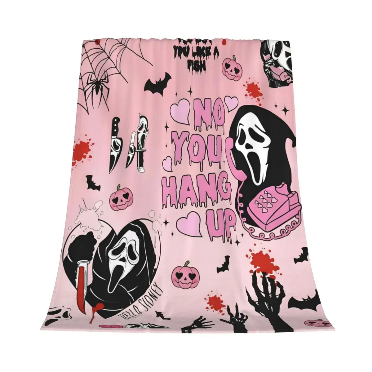 Pink Ghostface  Flannel Throw Blanket, No You Hang Up Letter Print Blanket, Cute Horror Movie Pattern Blanket, Spooky Halloween Decor Blanket, Gift For Scream Horror Fans