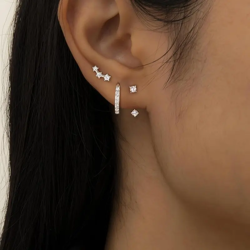Women's 3-Pair 925 Real Silver Hypoallergenic Earrings Set - Dainty Studs, Mini Hoop Huggies for Multiple Piercings, Sensitive Ears, Earring Stack, Ear Stack Earrings