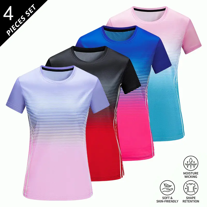 Women’s summer breathable short-sleeve T-shirt, available in 2/3/4-pack sets, color-block striped design; quick-drying, moisture-wicking fitness top for outdoor yoga and running; versatile casual base layer for commuting