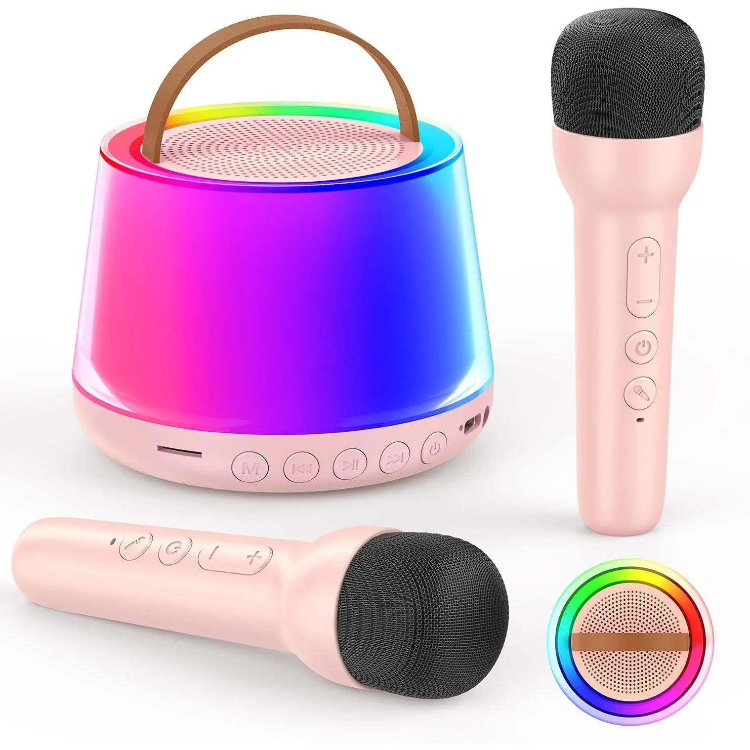 L-MTS012  Mini Karaoke Machine for Kids, Portable Bluetooth Speaker with 2 Wireless Microphones and Led Light, Birthday Gifts for 4 5 6 7 8 9 10 11 12 Year Old Girl, Kid Karaoke Machine Toys, Pink
