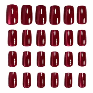 24Pcs Burgundy Cat Eye Press on Nail Sets Short Square Fake Nails Full Cover False Nail Tips Reusable Manicure Kit for Women