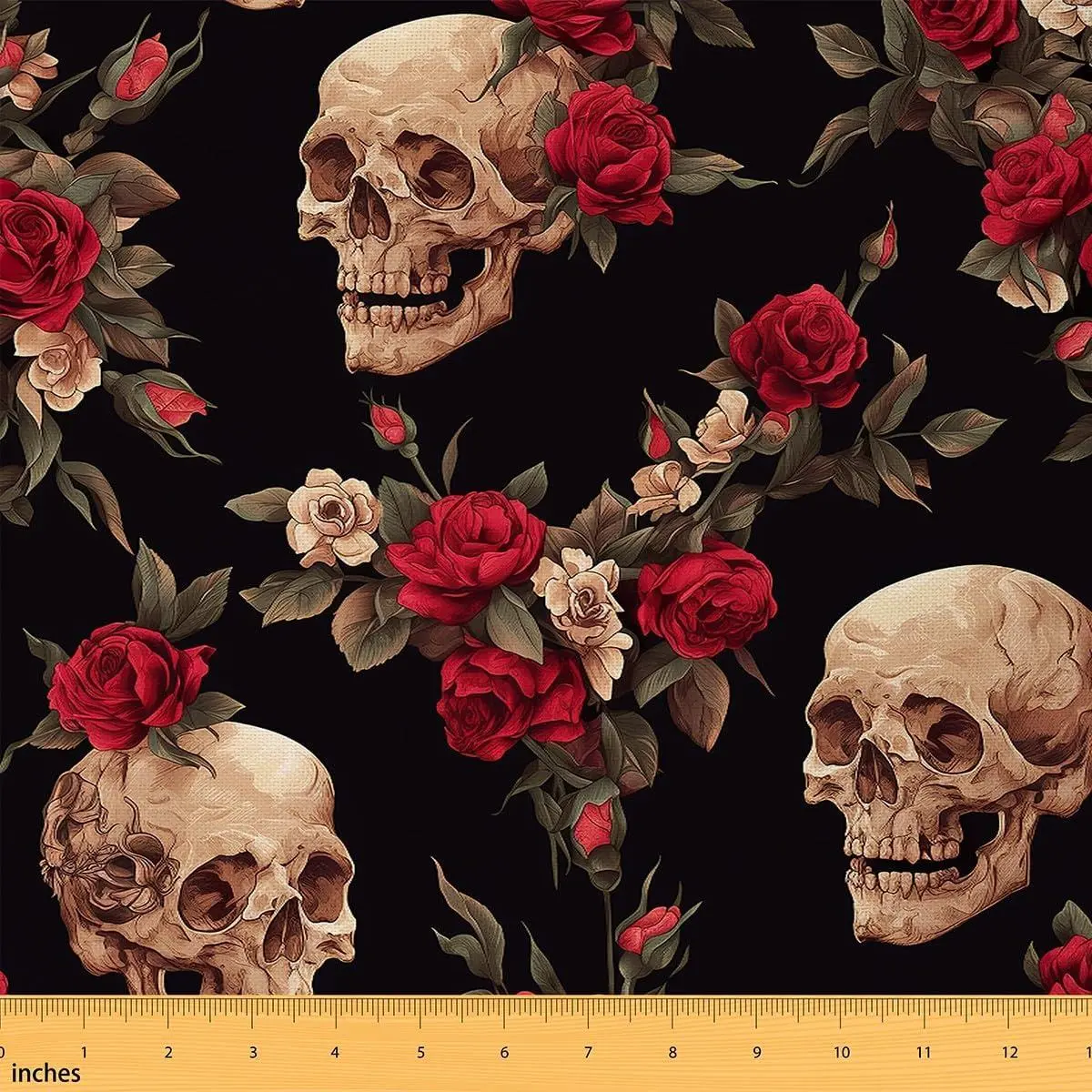 Sugar Skull Fabric Rose Flroal Upholstery Fabric Chairs Decor Gothic Skeleton Decorative Soft Flannel Botanical Floral Print