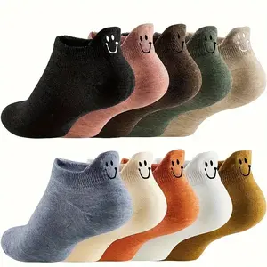 Women's Cute Smiley Face Socks 10 Pairs Cotton One Size Fits All Soft Comfortable Breathable Assorted Colors Perfect for Casual Everyday Wear Winter Friendly Fabric Stretchy Vibe Womenswear Love