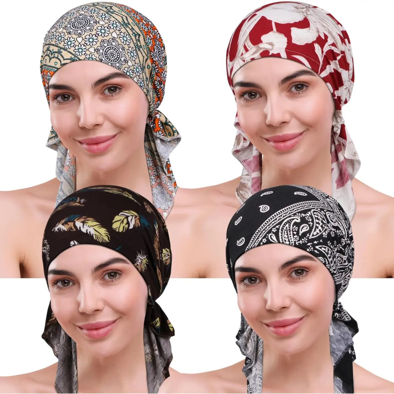 4 Pieces Chemo Headwear for Women, Pre-Tied Head Scarf Cancer Headwear