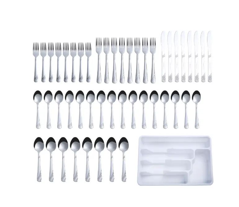 Swirl Stainless Steel Cutlery Set - 49-Piece, Silver, Service for 8, with Organizer Tray, 3.29 lb, Including Serving Utensils